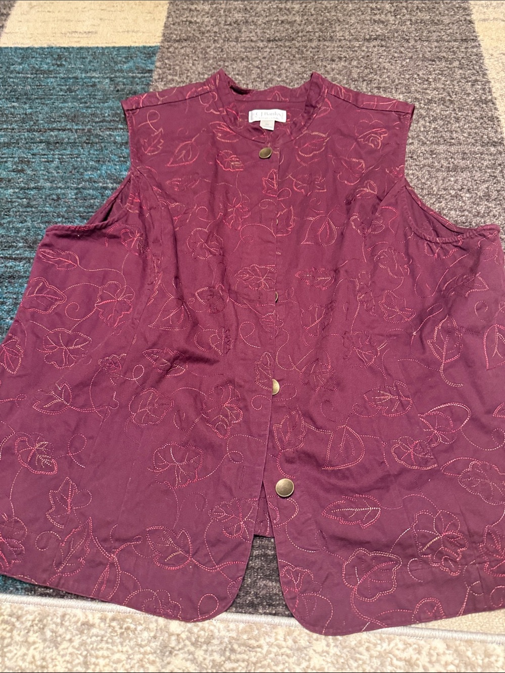 CJ Banks Plum Embroidered Sleeveless Button-Front Top